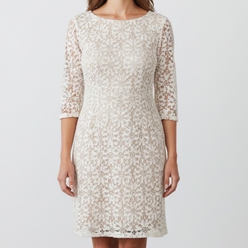 Jessica Howard Ivory Tan Lace Sheath Dress 3/4‎ Sleeve Size 12 NWT coquette
